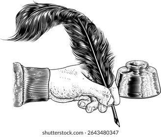 A hand holding or writing with a quill feather antique pen with ink well. In a retro vintage engraved or etched woodcut print style.