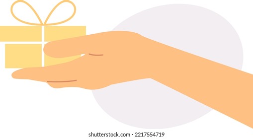 Hand holding yellow box with a bow. Light violet ellipse shape background. Flat vector illustration.