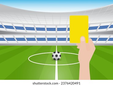Hand Holding Yellow Card in Football Stadium. Vector Illustration. 