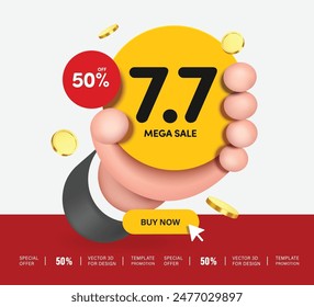 Hand is holding yellow circle tag seventh day of the seventh month, 7.7 MEGA SALE promotion with 50% discount tag label, vector 3d for online shopping advertisement concept design, 3d illustration