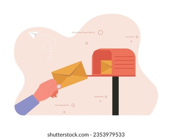 Mano sosteniendo sobre amarillo insertando en la caja de correo, antigua carta de envío de comunicación clásica. Diseño de caracteres. Ilustración plana del vector