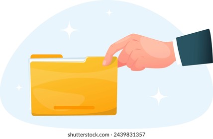 Hand holding a yellow file folder with documents, concept of transferring a file with information