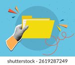 Hand holding a yellow folder with documents. Modern collage style. Vector illustration