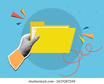 Hand holding a yellow folder with documents. Modern collage style. Vector illustration