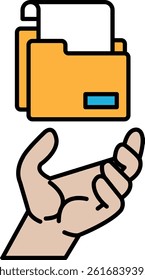 A hand is holding a yellow folder. The folder is open and has a blue label on it