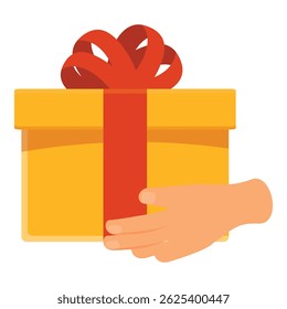 Hand holding yellow gift box with red ribbon, giving a present concept
