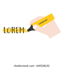 hand holding yellow highlighter, flat design vector for use in business