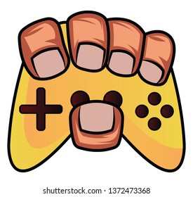 Hand holding a yellow joysick illustration vector on white background 