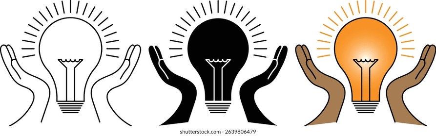 Hand holding a yellow light bulb symbol icon set concept innovation solution inspiration creativity business success