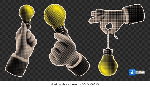Hand holding Yellow Light bulb, cut from a newspaper or magazine, concept of idea, quick tips, advice, training. Conceptual design elements in retro style, with halftone effect. Vector illustration