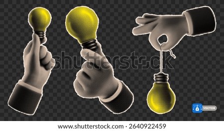 Hand holding Yellow Light bulb, cut from a newspaper or magazine, concept of idea, quick tips, advice, training. Conceptual design elements in retro style, with halftone effect. Vector illustration