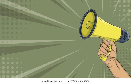 Hand holding a yellow megaphone on comic style background