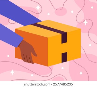 Hand holding a yellow package with a black stripe, set against a pink abstract background with stars and swirls. Concept of delivery or shipping. Vector illustration