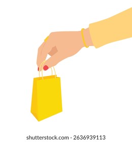 Hand holding yellow paper shopping bag. Isolated on white background. Vector illustration for e-commerce, retail, online shopping, delivery, or business concept.