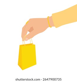 Hand holding yellow paper shopping bag. Isolated on white background. Vector illustration for e-commerce, retail, online shopping, delivery, or business concept.