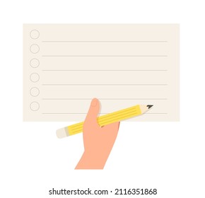 Hand holding yellow pencil and blank checklist paper note for message. Template for to do list, questionnaire form, task list, reminder, presentation, announcement. Flat vector illustration.