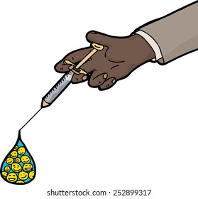 Hand holding yellow smiling faces in vaccine over white