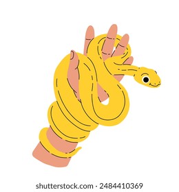 Hand holding yellow twisting snake. Cute cartoon reptile on arm. Curved serpent viper around female fingers. Children book concept. Flat vector illustration isolated on white