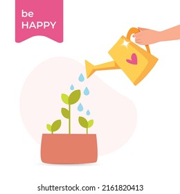 Hand holding yellow watering can and watering the plant at home. Home sweet home and be happy concept design.  Gardening and nature care vector illustration. 
