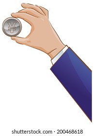Hand holding a yen coin