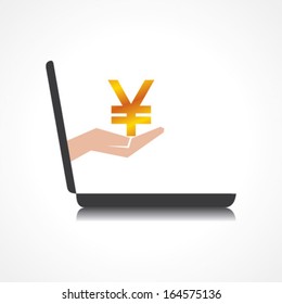 hand holding yen symbol comes from laptop screen stock vector