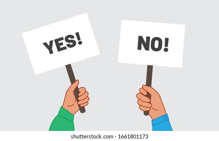 Hand holding Yes and No banner cartoon vector illustration. Concept of choice, voting, dilemma banner. 