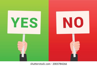 Hand holding yes or no placard. Question, choice, vote concept. Vector stock