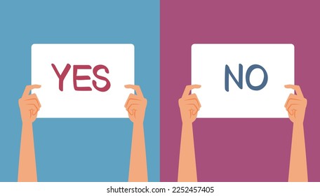 
Hand Holding a Yes or No Protest Sign Vector Cartoon Illustration. People giving different feedback to the same situation
