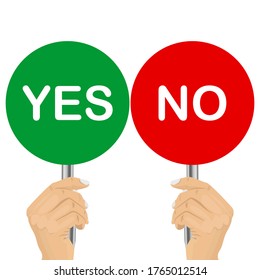 The hand holding YES and NO symbols is isolated against a white background. Vector illustration