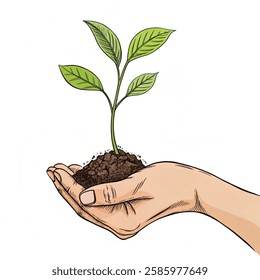Hand holding young plant sprout  isolated on a  white background. Vector illustration.