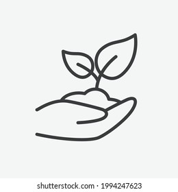 Hand Holding Young Sprout Outline Flat Vector Icon