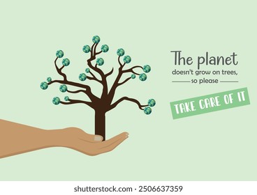 Hand holding a young tree with Earth-shaped leaves, symbolizing environmental care and protection. Environmental protection illustration.	