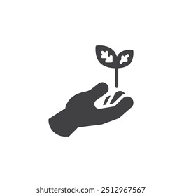 Hand holding a young tree vector icon. filled flat sign for mobile concept and web design. Tree Planting glyph icon. Symbol, logo illustration. Vector graphics
