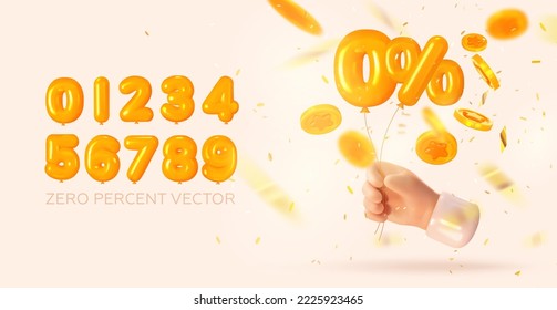 Hand holding zero percent balloons. Interest rate. Credit or commission. 0% Loan rate fee. Set to create any percentage. Vector illustration 