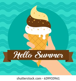 Hand holdins ice cream with vintage and brown ribbon, on waves background. Vector illustration