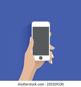 Hand holdng black smartphone, touching blank screen.