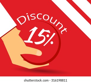 Hand Holds A 15 Per Cent Discount On Prices. Special Offer For Holidays And Weekends. Design Element In A Flat Style.