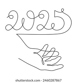 Hand holds 2025 one line art, hand drawn continuous contour. Holiday concept, festive New year handwriting text, minimalist design. Editable stroke. Isolated. Vector illustration