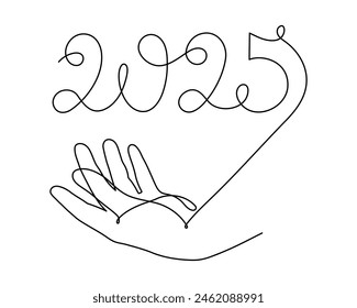 Hand holds 2025 one line art, hand drawn continuous contour. Holiday concept, festive New year handwriting text, minimalist design. Editable stroke. Isolated. Vector illustration