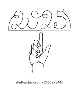 Hand holds 2025 one line art, hand drawn continuous contour. Holiday concept, festive New year handwriting text, minimalist design. Editable stroke. Isolated. Vector illustration