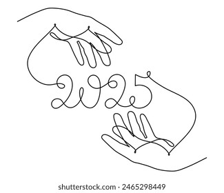 Hand holds 2025 one line art, hand drawn continuous contour. Holiday concept, festive New year handwriting text, minimalist design. Editable stroke. Isolated. Vector illustration