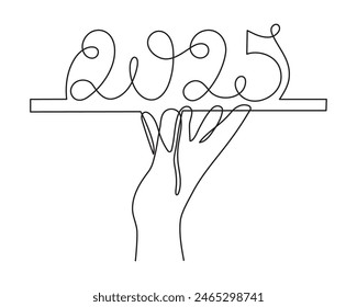 Hand holds 2025 one line art, hand drawn continuous contour. Holiday concept, festive New year handwriting text, minimalist design. Editable stroke. Isolated. Vector illustration