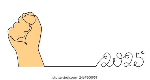 Hand holds 2025 one line art, hand drawn continuous contour. Holiday concept, festive New year handwriting text, minimalist design. Editable stroke. Isolated. Vector illustration