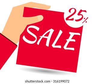 Hand holds a 25 per cent discount on prices. Special offer for holidays and weekends. Design element in a flat style.