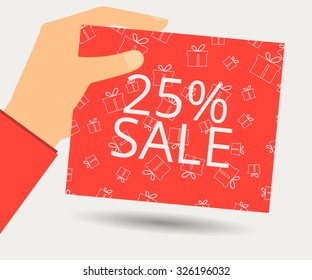 Hand holds a 25 percent discount on the price. Special offer for holidays and weekends. Card with a seamless pattern of gift boxes. Design element in a flat style.