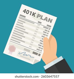 A hand holds an 401k plan in flat design style on blue background
