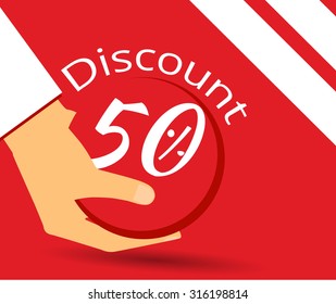 Hand holds a 50 per cent discount on prices. Special offer for holidays and weekends. Design element in a flat style.