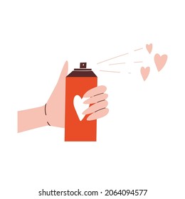 Hand holds aerosol and sprays hearts. Saint Valentine's Day. Romantic object. Love is in the air. Care, support, charity. Vector illustration in cartoon style. Isolated on white background.