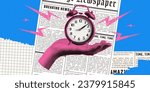 A hand holds an alarm clock. Background of newspaper clippings. Trendy retro style. Halftone collage and doodle of lightning. 