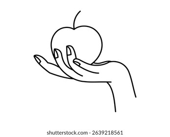Hand holds an apple. Vector outline monochrome illustration.